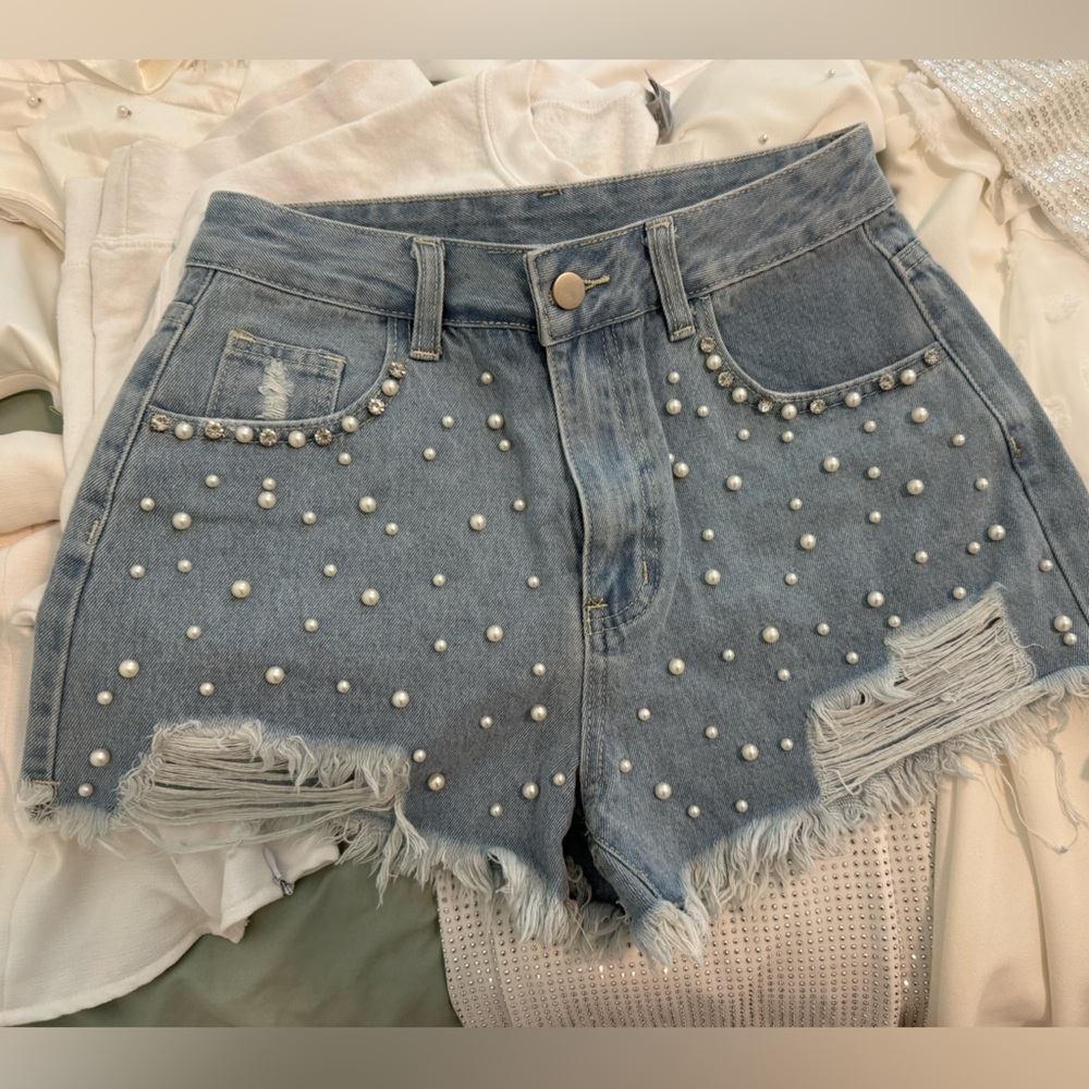 Blue Jean Shorts with Studded Embellishments